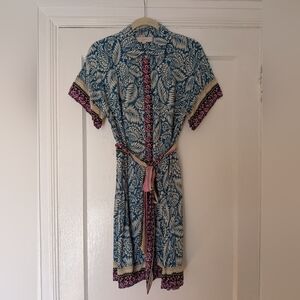 Loft Women's 12 Turquoise Cream Patterned Short Sleeve Belted Shirt Dress